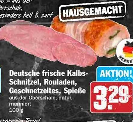 Deutsche frische Kalbsschnitzel, Rouladen, Geschnetzeltes, Spieße