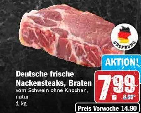 Deutsche frische Nackensteaks, Braten vom Schwein ohne Knochen, natur 1 kg