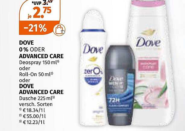 DOVE 0% oder ADVANCED CARE Deospray 150 ml oder Roll-On 50 ml oder DOVE ADVANCED CARE Dusche 225 ml - Verschiedene Sorten