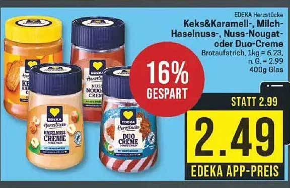 EDEKA Herzstücke Keks&Karamell-, Milch-Haselnuss-, Nuss-Nougat- oder Duo-Creme