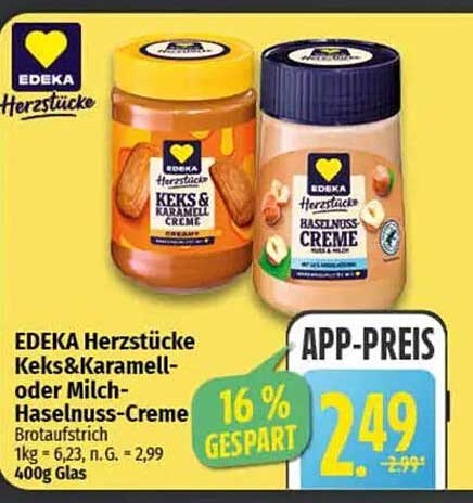 EDEKA Herzstücke Keks&Karamell- oder Milch-Haselnuss-Creme 400g Glas