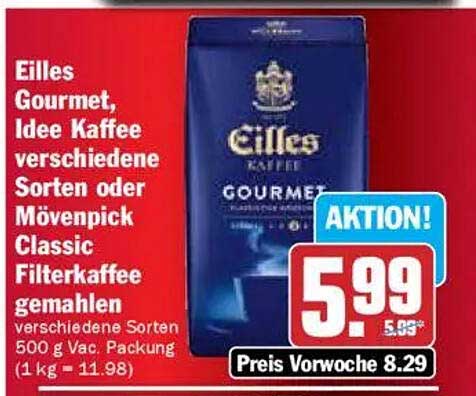 Eilles Gourmet, Idee Kaffee verschiedene Sorten oder Mövenpick Classic Filterkaffee gemahlen 500 g Vac. Packung