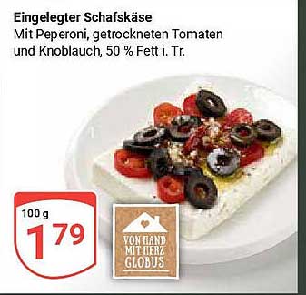 Eingelegter Schafskäse mit Peperoni, getrockneten Tomaten und Knoblauch, 50 % Fett i. Tr.