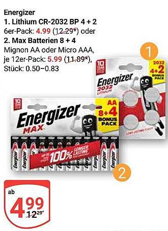 Energizer Lithium CR-2032 BP 4+2 6er-Pack für nur 4,99 €
