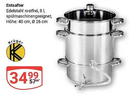Entsafter Edelstahl rostfrei, 8 l, spülmaschinengeeignet, Höhe: 40 cm, Ø 26 cm