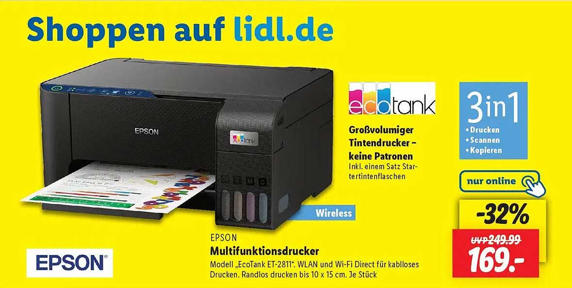 Epson Multifunktionsdrucker EcoTank ET-2811 - Drahtlos, 3-in-1, Mit Starter-Tintentanks