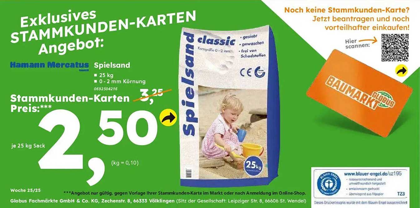 Exklusives STAMMKUNDEN-KARTEN Angebot: Hamann Mercatus Spielsand 25 kg
