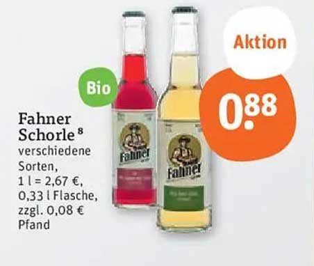 Fahner Schorle 8 verschiedene Sorten, 0,33 l Flasche, zzgl. 0,08 € Pfand