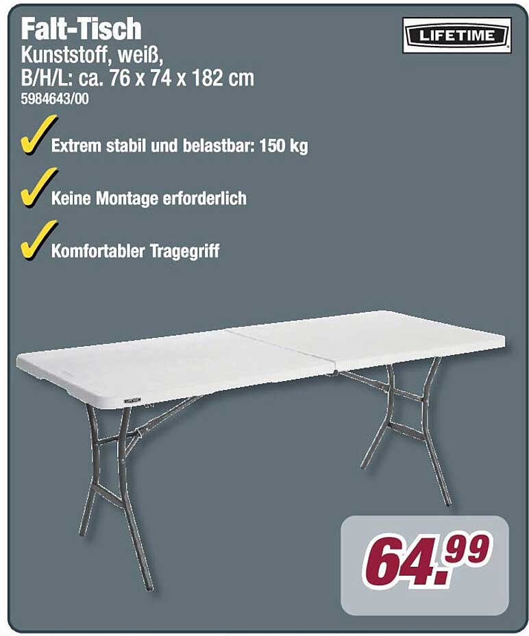 Falt-Tisch, weiß, B/H/L: ca. 76 x 74 x 182 cm