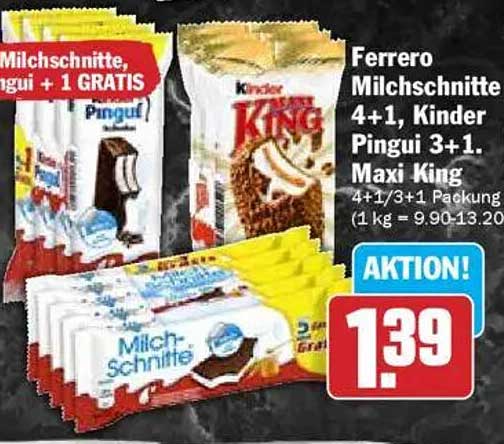 Ferrero Milchschnitte 4+1, Kinder Pingui 3+1 - Maxi King