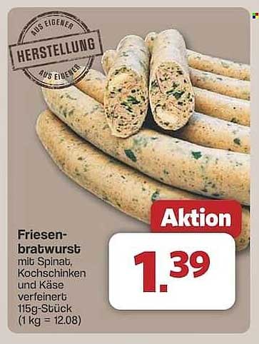 Friesenbratwurst mit Spinat, Kochschinken und Käse