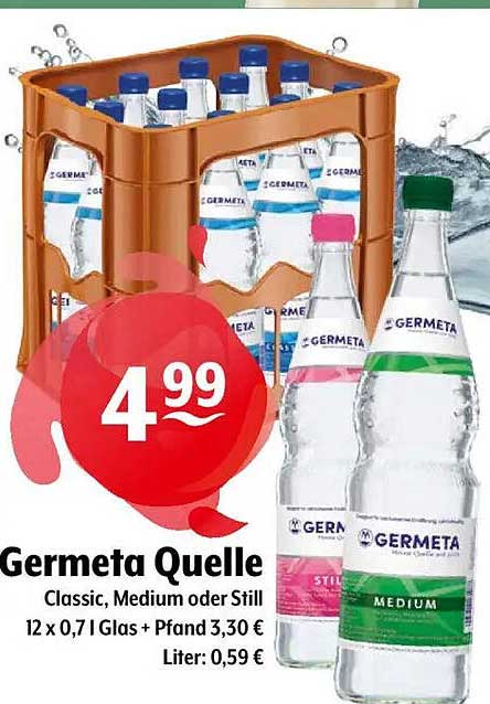 Germeta Quelle Classic, Medium oder Still – 12 x 0,7 l Glas + Pfand 3,30 €