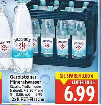 Gerolsteiner Mineralwasser Classic, Medium oder Naturell, 12 x 1,1 l PET-Flasche