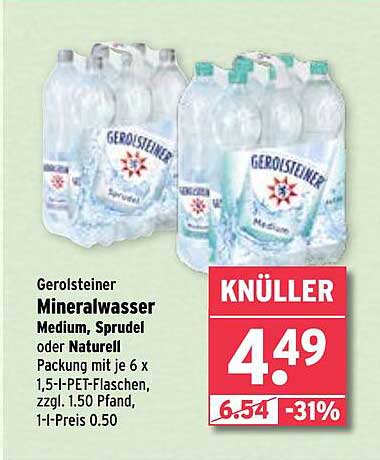 Gerolsteiner Mineralwasser Medium, Sprudel oder Naturell – 6 x 1,5 l PET-Flaschen