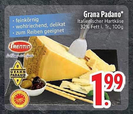 Grana Padano* Italiensicher Hartkäse 32% Fett i. Tr., 100g