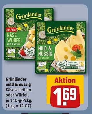 Grünländer mild & nussig Käsewürfel oder Scheiben, 140 g