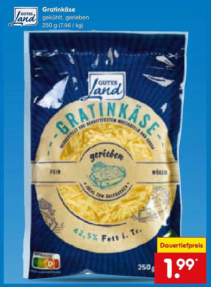 Gutes Land Gratin-Käse, gekühlt, gerieben, 250 g