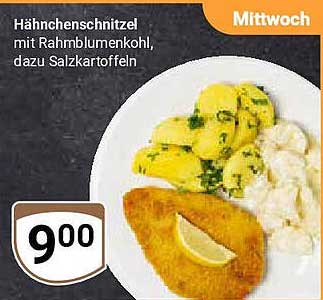 Hähnchenschnitzel mit Rahmblumenkohl, dazu Salzkartoffeln