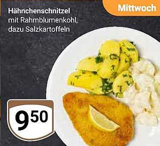 Hähnchenschnitzel mit Rahmblumenkohl, dazu Salzkartoffeln