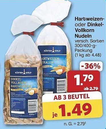 Hartweizen- oder Dinkel-Vollkornnudeln, 300/400-g-Packung