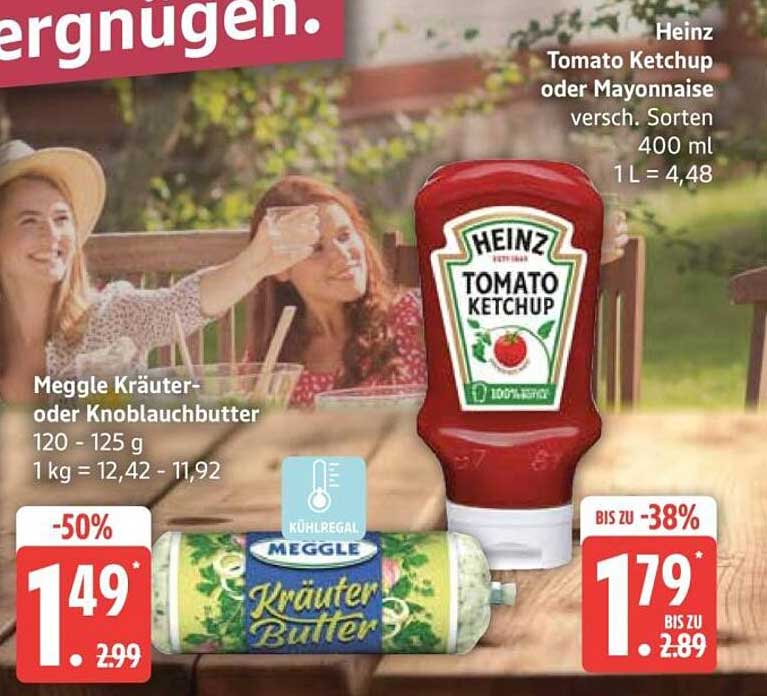 Heinz Tomaten Ketchup oder Mayonnaise, 400 ml, sowie Meggle Kräuter- oder Knoblauchbutter, 120-125 g