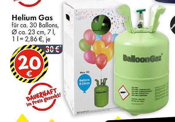 Helium Gas für ca. 30 Ballons, Ø ca. 23 cm, 7l