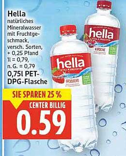 Hella natürliches Mineralwasser mit Fruchtgeschmack, 0,75L PET-DPG-Flasche
