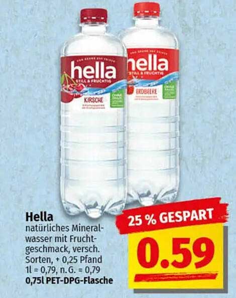Hella natürliches Mineralwasser mit Fruchtgeschmack, 0,75l PET-DPG-Flasche