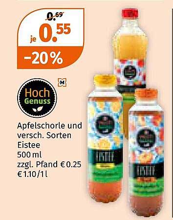 Hochgenuss Apfelschorle und verschiedene Sorten Eistee 500 ml