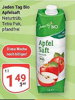 Jeden Tag Bio Apfelsaft Naturtrüb, Tetra Pak, pfandfrei