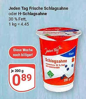 Jeden Tag Frische Schlag- oder H-Sahne 200 g