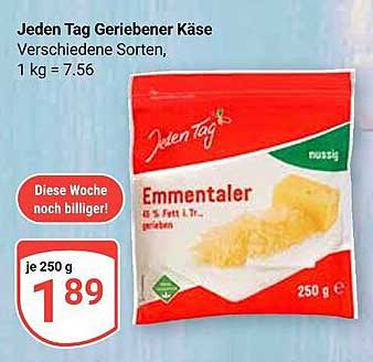 Jeden Tag Geriebener Käse Emmentaler 250 g