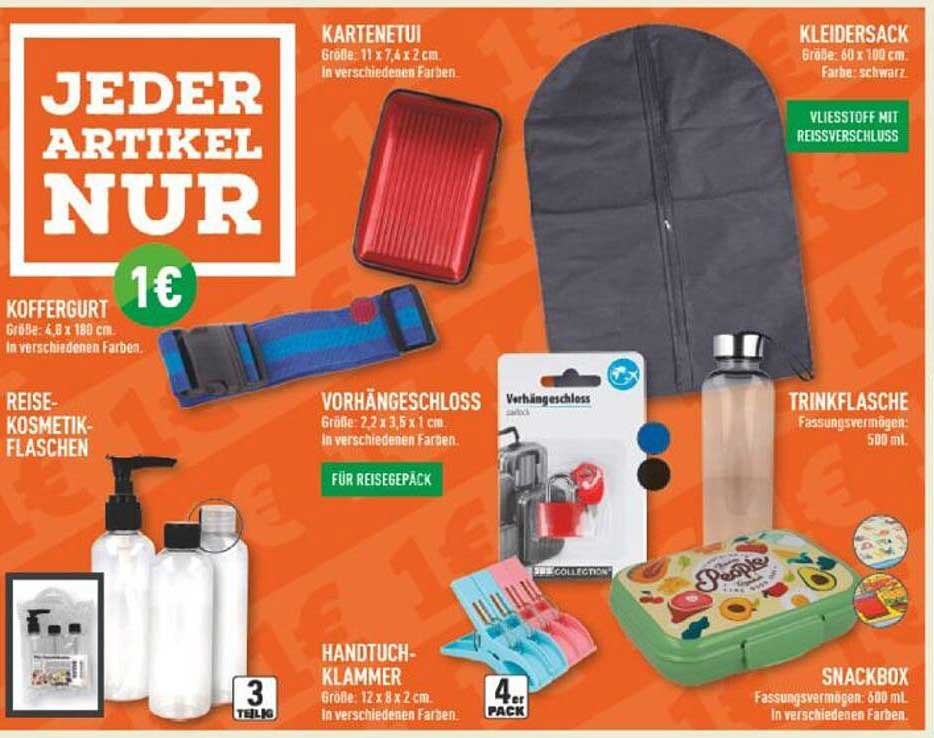 Jeder Artikel nur 1€ - Koffer gurt, Kleidersack, Trinkflasche und mehr!