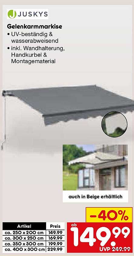 JUSKYS Gelenkarmmarkise - UV-beständig & wasserabweisend
