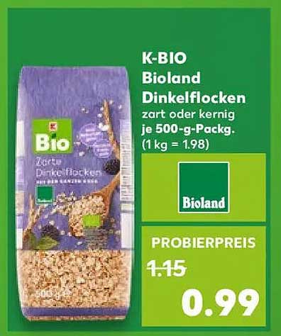 K-BIO Bioland Dinkelflocken zart oder kernig je 500-g-Packung