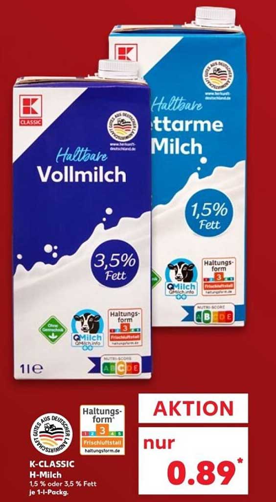 K-CLASSIC H-Milch 1,5 % oder 3,5 % Fett je 1-l-Pack