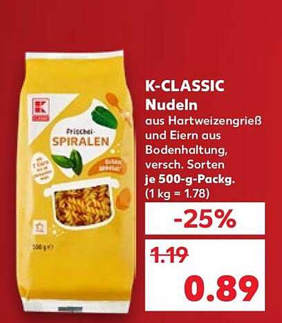 K-CLASSIC Nudeln aus Hartweizengrieß und Eiern - 500 g Packung