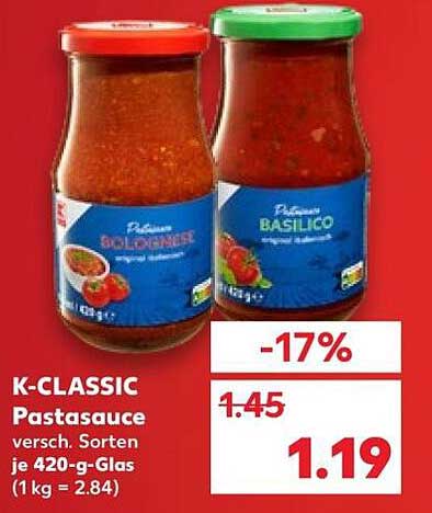 K-CLASSIC Pastasauce - Bolognese und Basilico, je 420 g