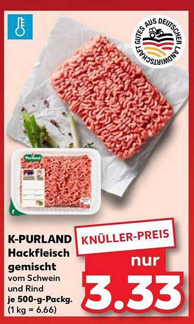 K-PURLAND Hackfleisch gemischt vom Schwein und Rind je 500-g-Packung