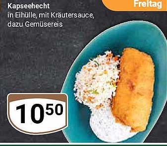 Kapseehecht in Ei-Hülle, mit Kräutersauce, dazu Gemüsebeilage