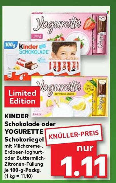 KINDER Schokolade oder YOGURETTE Schokoriegel mit Milchcreme-, Erdbeer-Joghurt- oder Buttermilch-Zitronen-Füllung je 100-g-Pack.