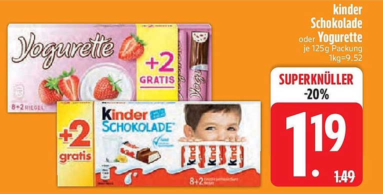 Kinderschokolade oder Yogurette 125g mit 2 gratis