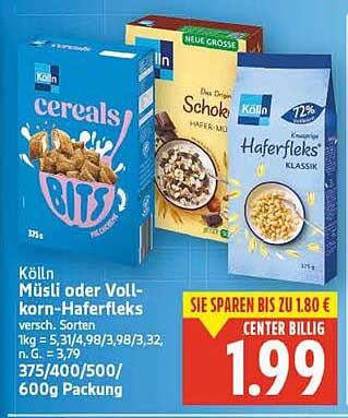 Kölln Müsli oder Vollkorn-Haferfleks – verschiedene Sorten