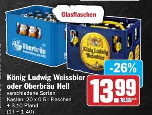 König Ludwig Weissbier oder Oberbräu Hell - 20 x 0,5 l Flaschen