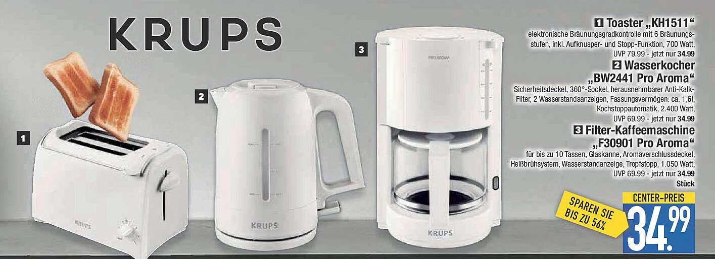 Krups Toaster, Wasserkocher und Filter-Kaffeemaschine im Set