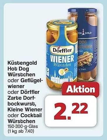 Küstengold Hot Dog Würstchen oder Geflügelwiener oder Dörffler Zarte Dorfbochwurst, Kleine Wiener oder Cocktail Würstchen 150-300-g-Glas