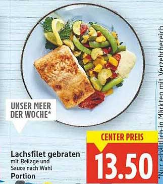 Lachsfilet gebraten mit Beilage und Sauce nach Wahl Portion