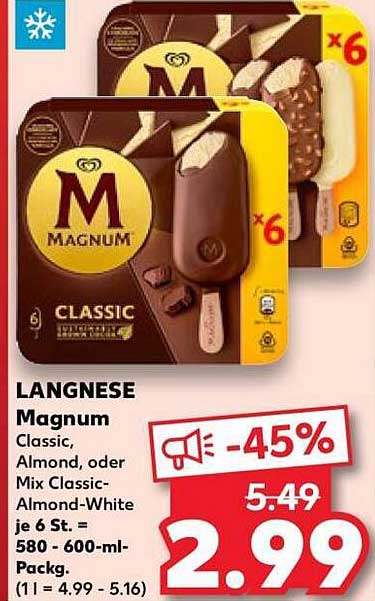 Langnese Magnum Classic, Almond oder Mix Classic-Almond-White je 6 St.