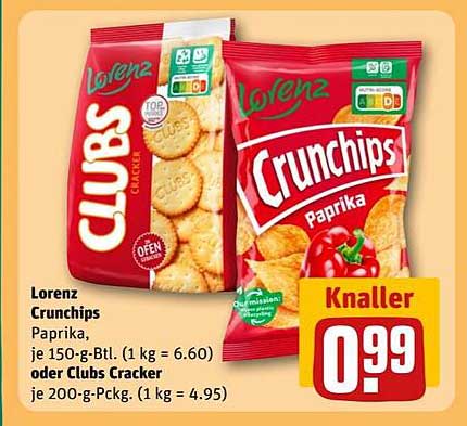 Lorenz Crunchips Paprika, je 150-g-Btl. oder Clubs Cracker je 200-g-Pckg.