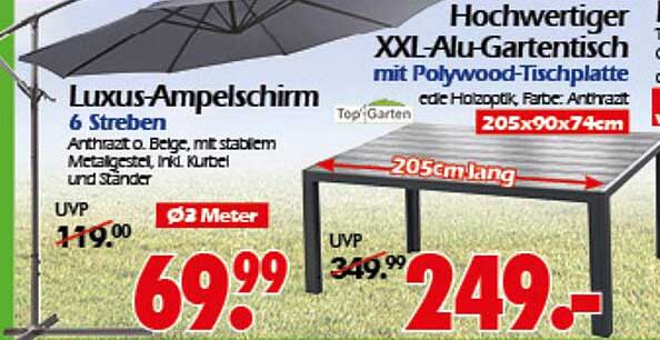 Luxus-Ampelschirm mit 6 Streben und hochwertigem XXL-Alu-Gartentisch